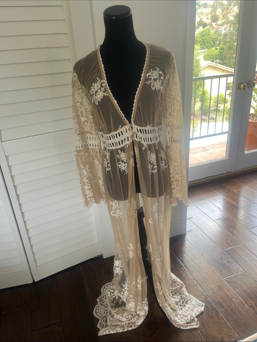 Sheer Lace Maxi Robe in Cream with Delicate Embroidery